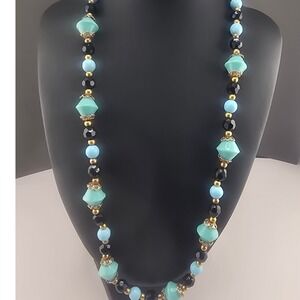 Vintage Estate Necklace Blue Black Stone Gold Tone Beaded Geometric 24in
